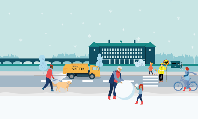 Illustration of a winter street scene.